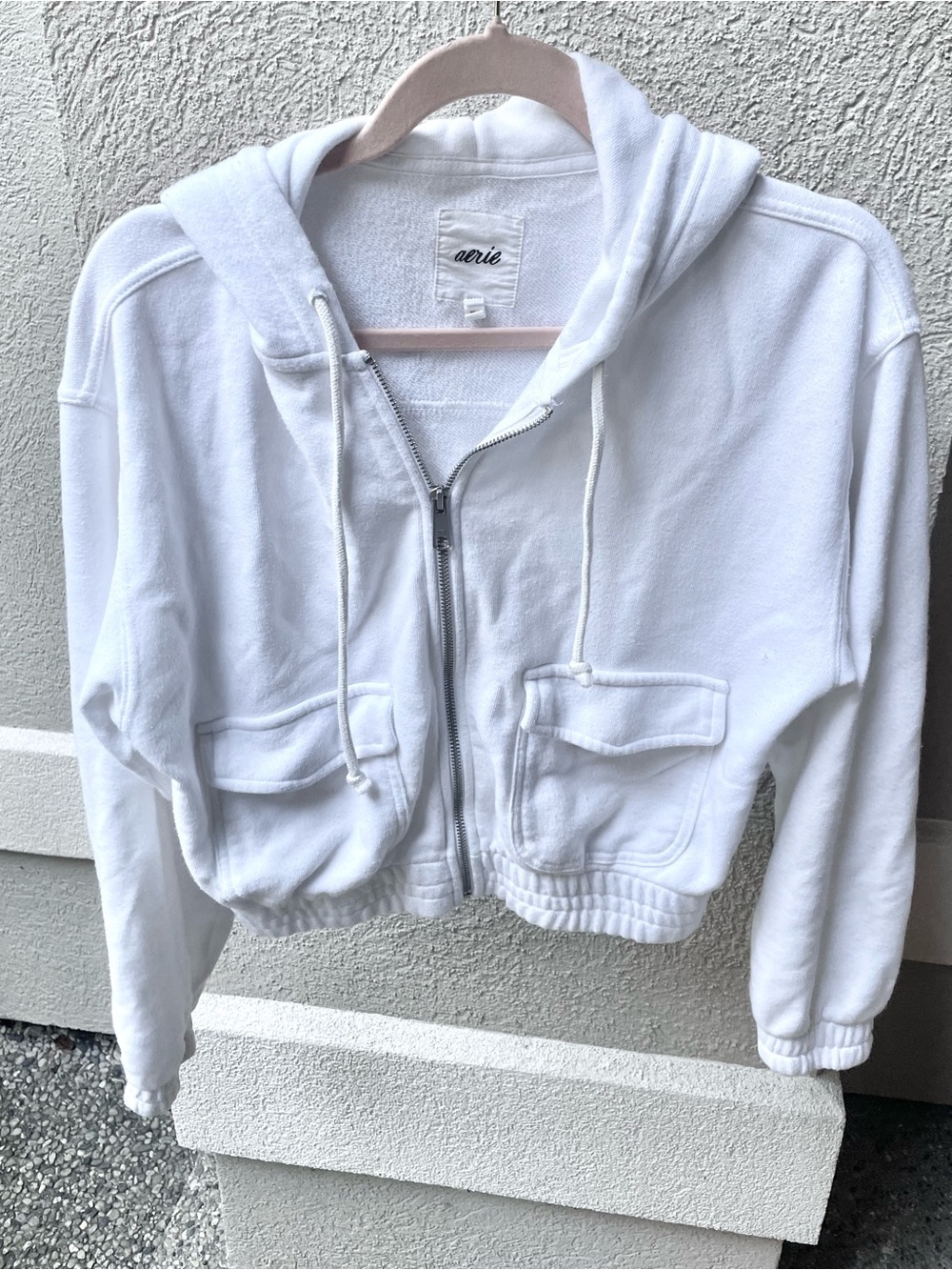 aerie White Cropped Zip Hoodie with Front Pockets (faint spots on 1 sleeve)
